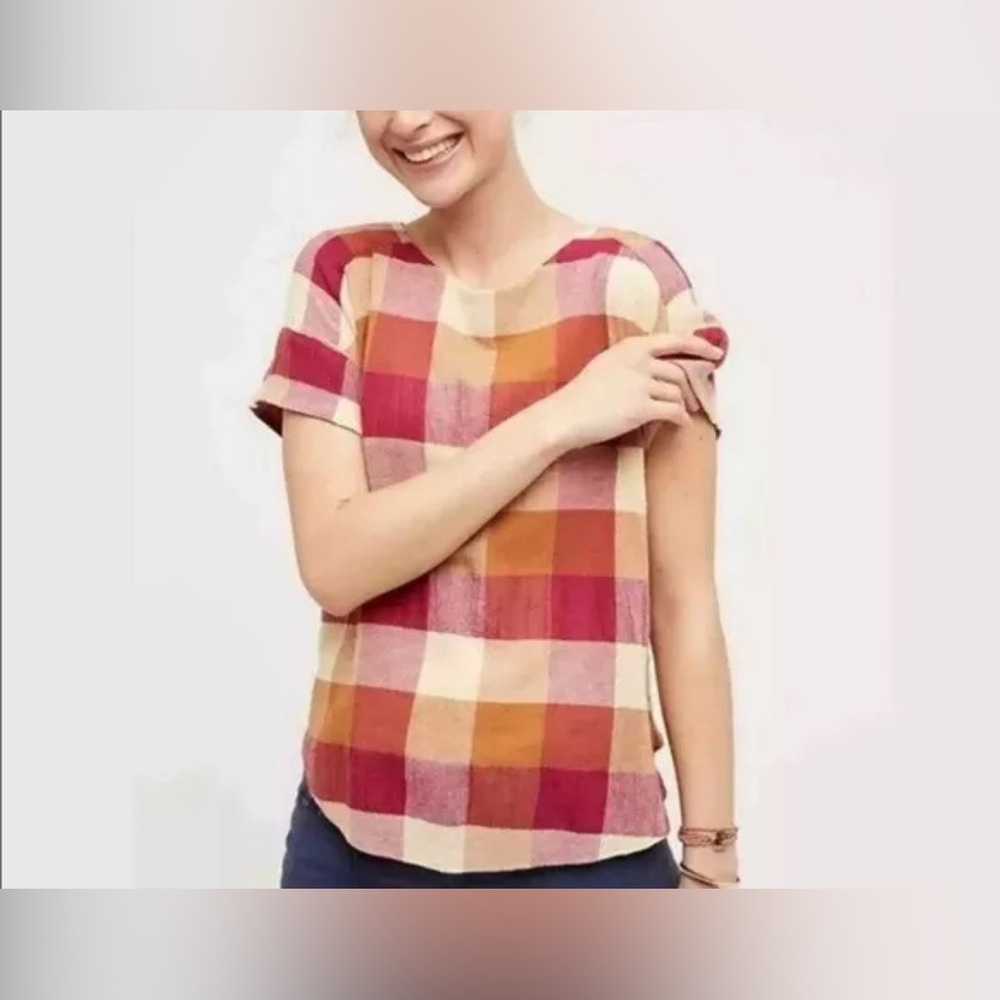 Anthropologie Red and Cream Plaid Blouse